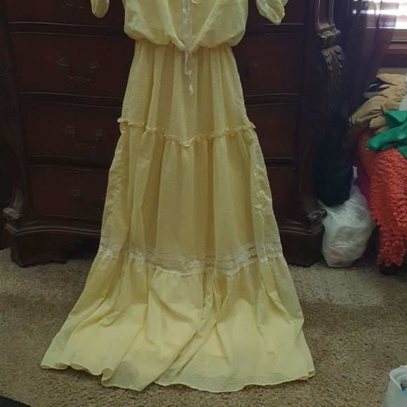 Vintage Roberta California Lemon Yellow Lace & Dots Prairie Dress 13/14 - Picture 2 of 8